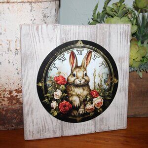 NEW! Shabby French Country Cottage Bunny Rabbit Roses & Clock Wall Decor Plaque